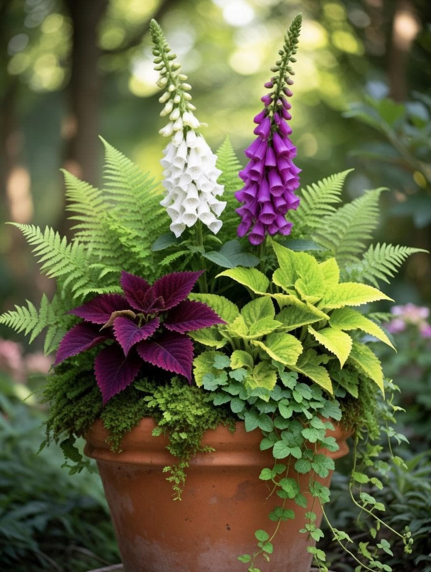 A white ceramic urn planted with lush mixed greenery